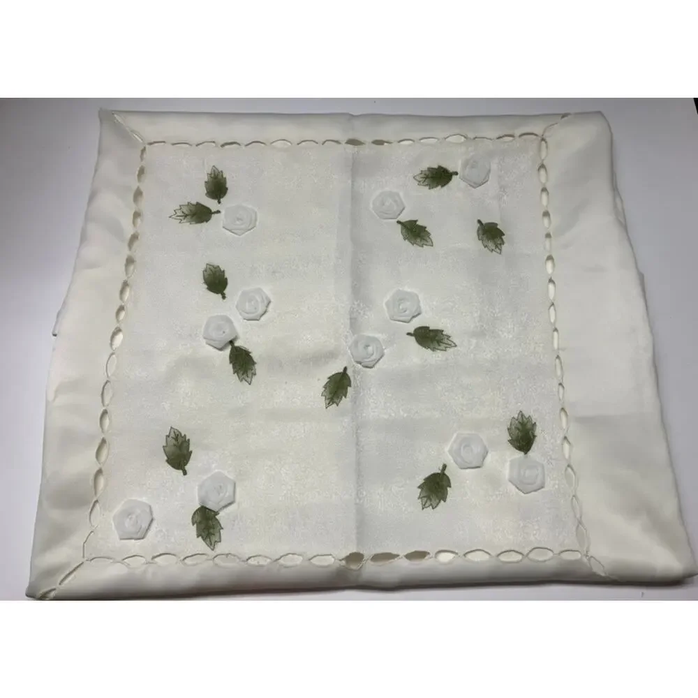 Table Topper White Floral Green Leaf Embellishments Cutwork 39 Inch Square